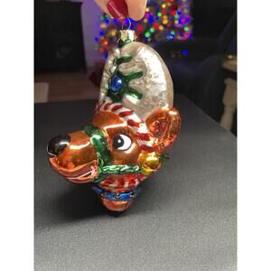 Vintage 2003 Mark Klaus Faces Full of Festive Joy Reindeer Blown Glass Ornament